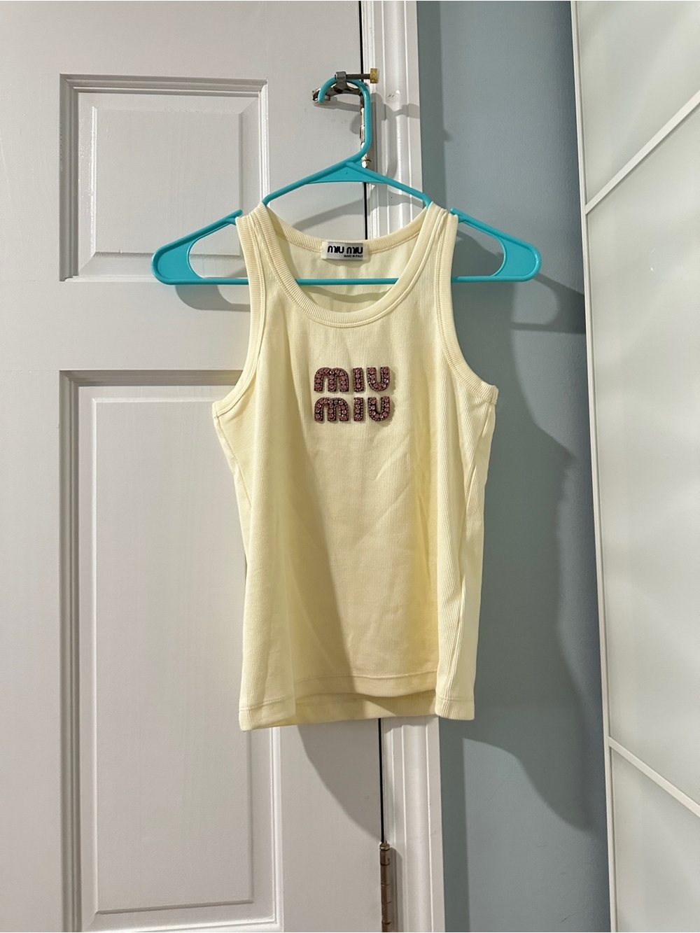 Miu Miu Pale Yellow Tank Top with Embroidered Logo